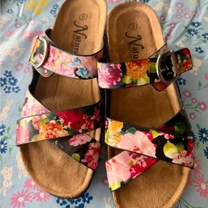 Natural Reflections Black Floral Double-Buckle Sandals - Pink, Yellow, floral
